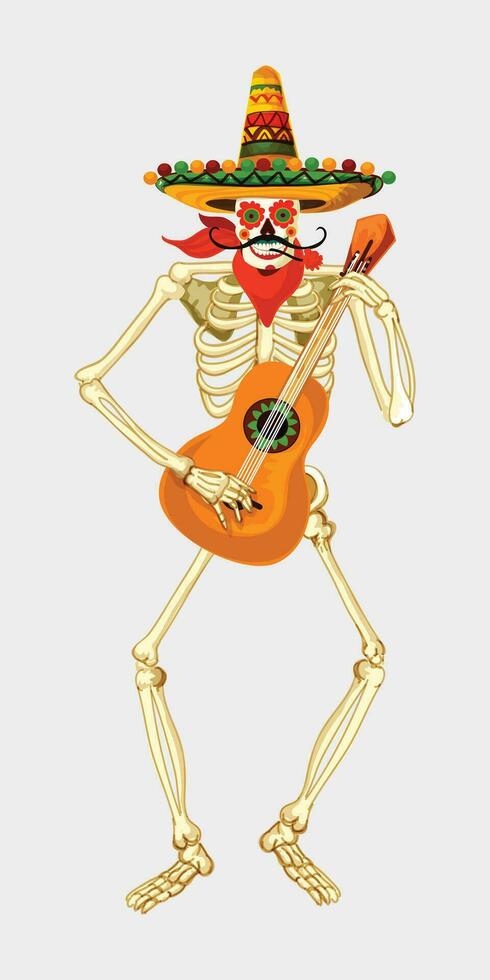 Skeleton with guitar and sombreroc Vector illustration isolated on a white background.