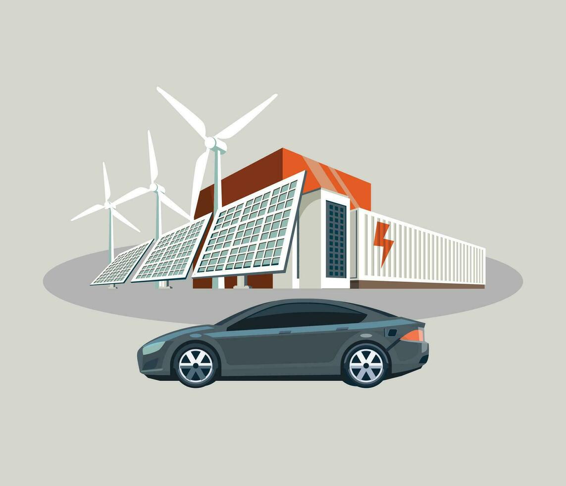 Electric Car Solar Charging System Flat Illustrations vector