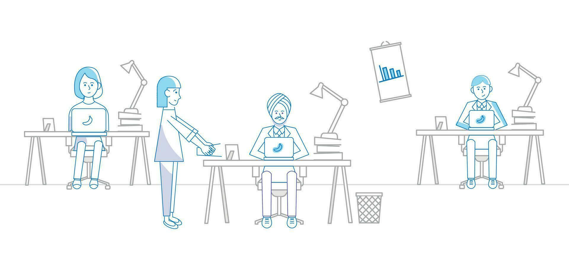 People working in the office. Vector illustration in thin line style.