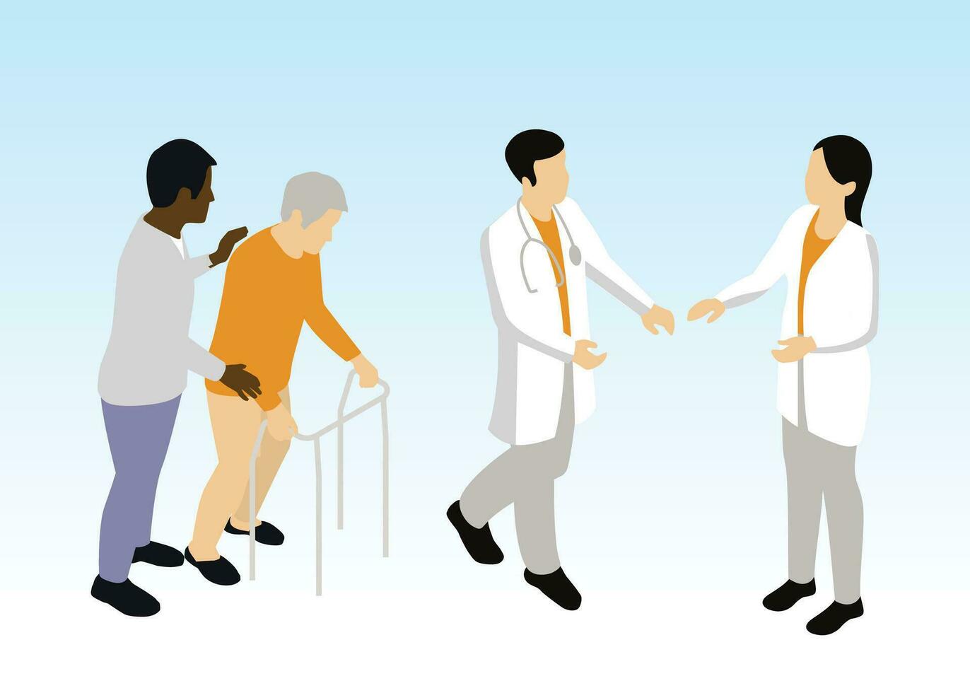 Vector illustration of a group of doctors helping an elderly man to walk