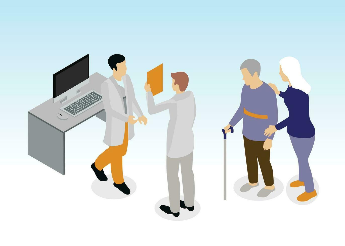 Isometric flat vector concept illustration of elderly people and a doctor in hospital