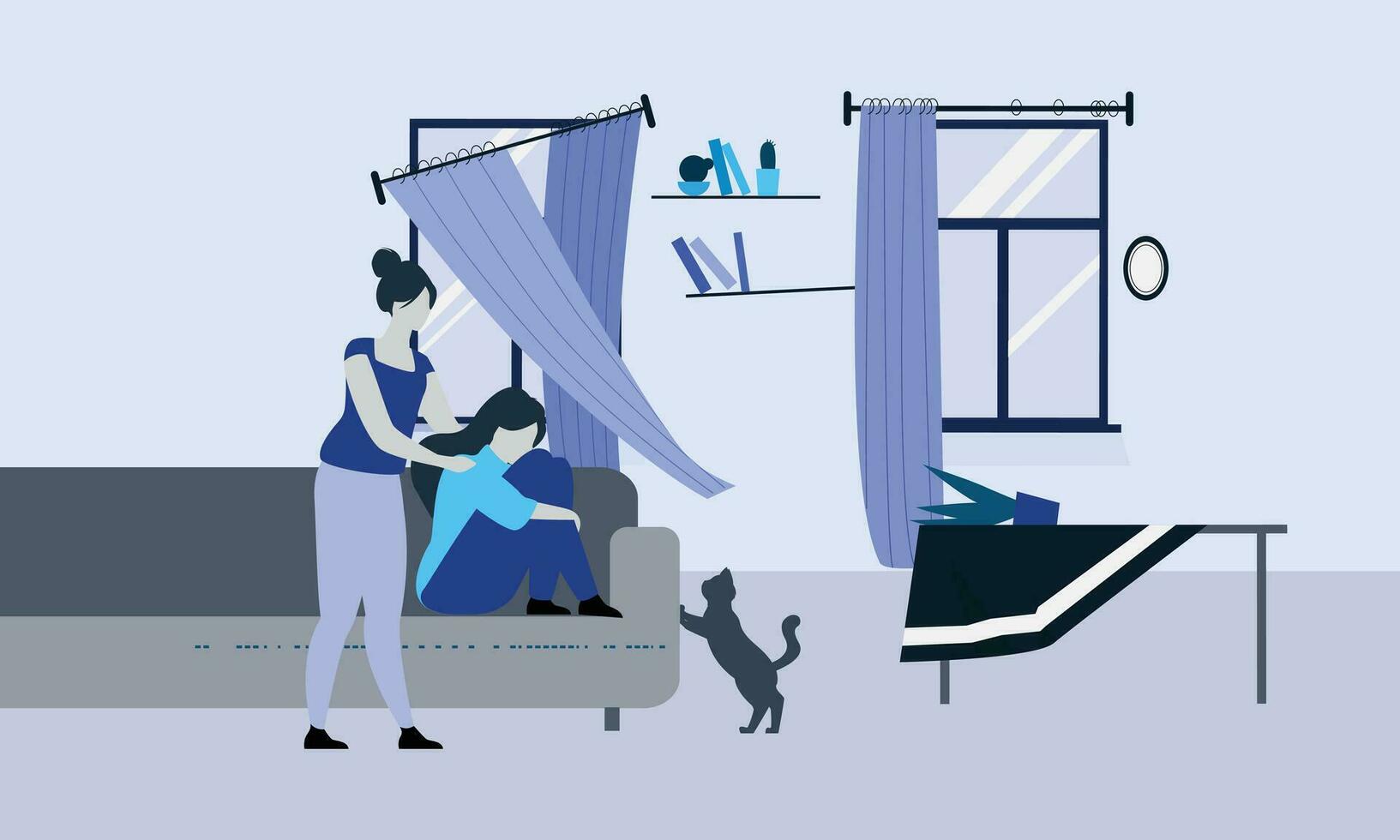 Women in depression on sofa at dirty room digital vector stock illustrations