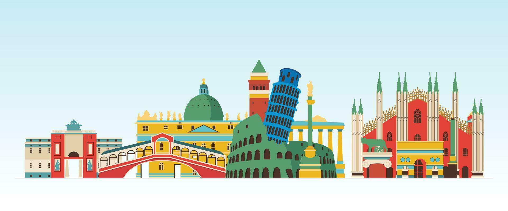 Italy Rome City Detailed Skyline And Landmark, Europe Famous Travel Place Colorful Building And Monument Digital Vector Illustrations