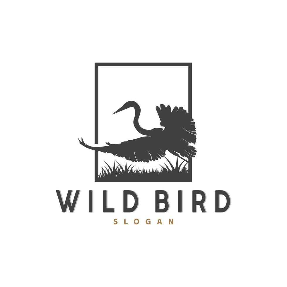 Stork Bird Logo, Heron, Grass, And River Design, Vector Simple Template illustration