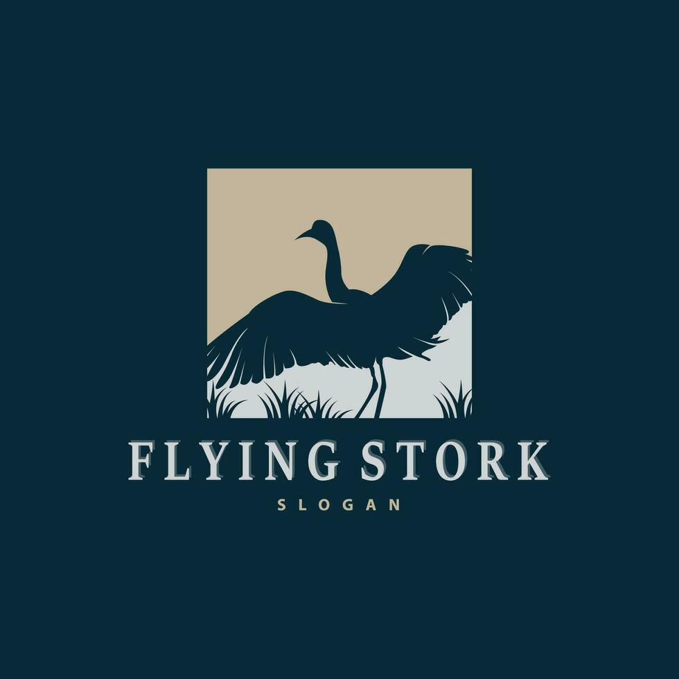 Stork Bird Logo, Heron, Grass, And River Design, Vector Simple Template illustration