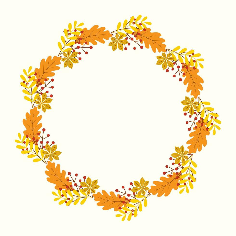 Clip art of hand drawn wreath of Autumn leaves and berries on isolated background. Warm background for Autumn harvest, Thanksgiving, Halloween and seasonal celebration, textile, scrapbooking. vector