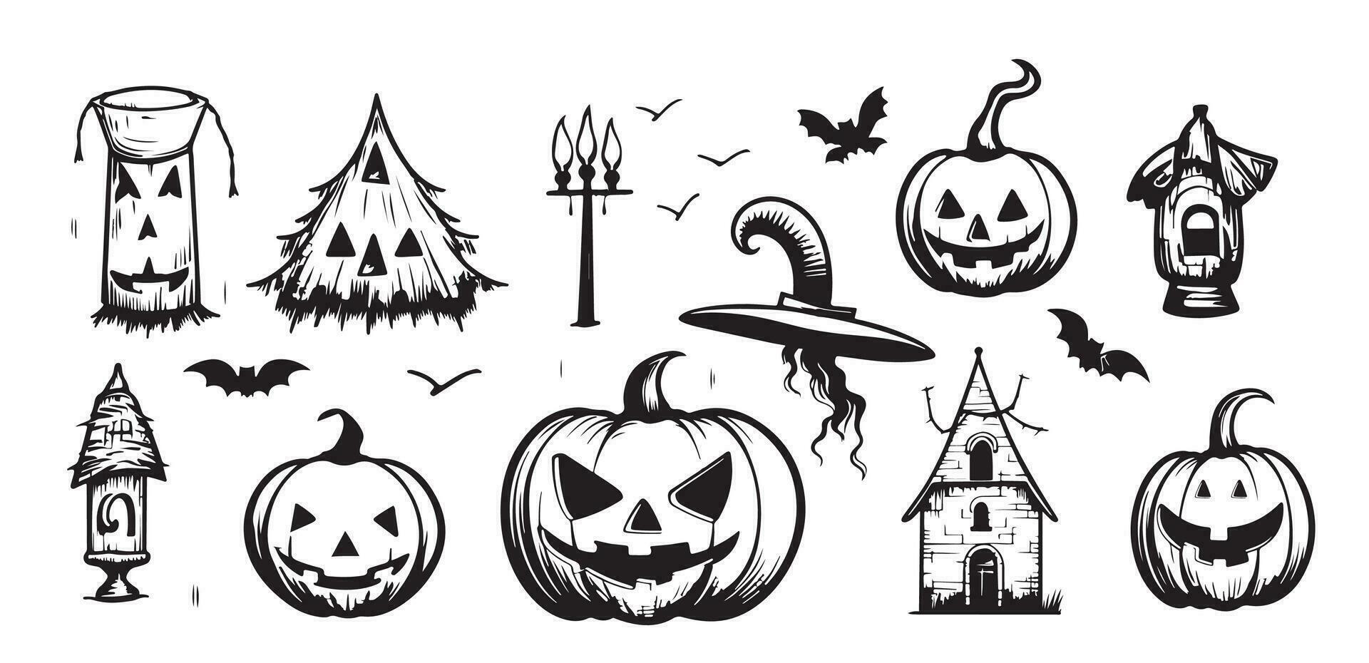 Halloween symbols set sketch hand drawn in comic style .Vector illustration Holiday of the dead vector