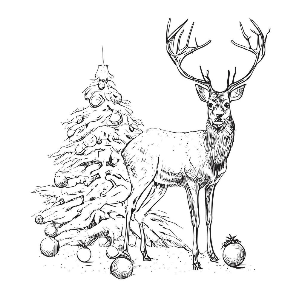 Cute christmas Deer and tree sketch hand drawn Vector illustration