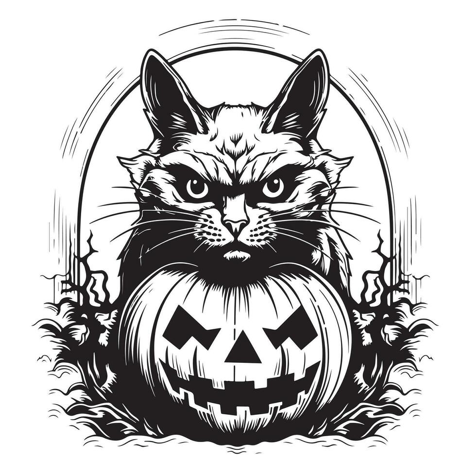 Angry cat with pumpkin hand drawn sketch Halloween Vector illustration