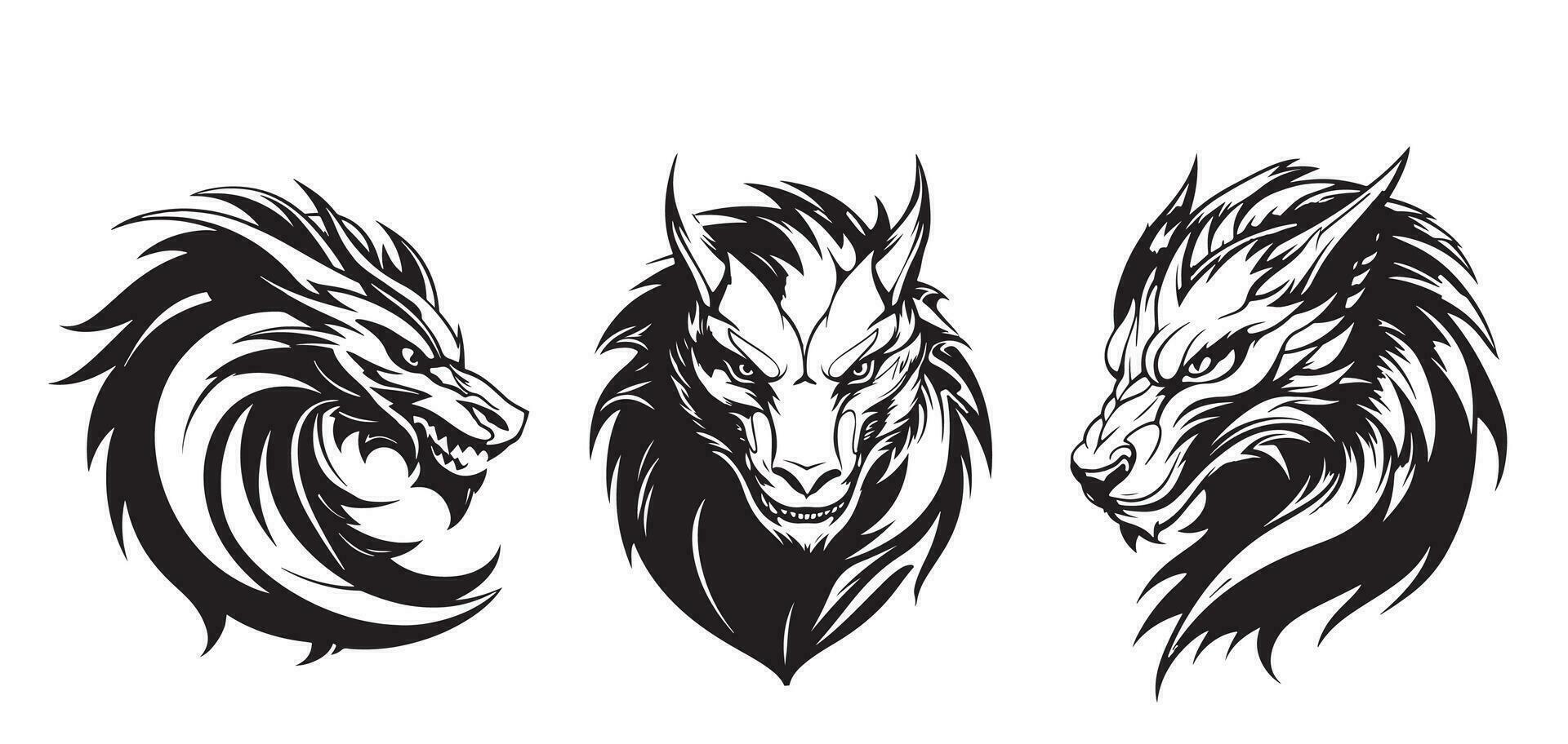 Dragon logo set cartoon hand drawn sketch Vector illustration Wild animals