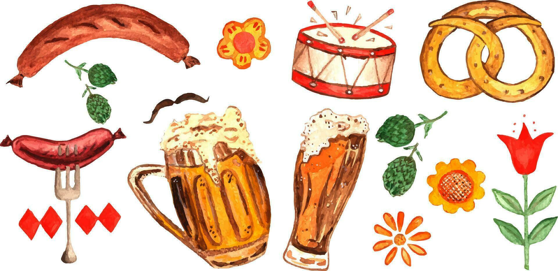 Collection of elements of beer, beer glasses, flags, shrimp. An approach to the Oktoberfest holiday, the holiday of beer. You can independently arrange patterns and themed drinks for the celebrations. vector
