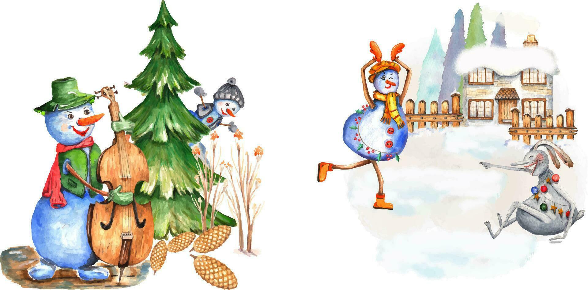 Set from New Year's illustration. Drawn with watercolors. Dancing snowmen vector