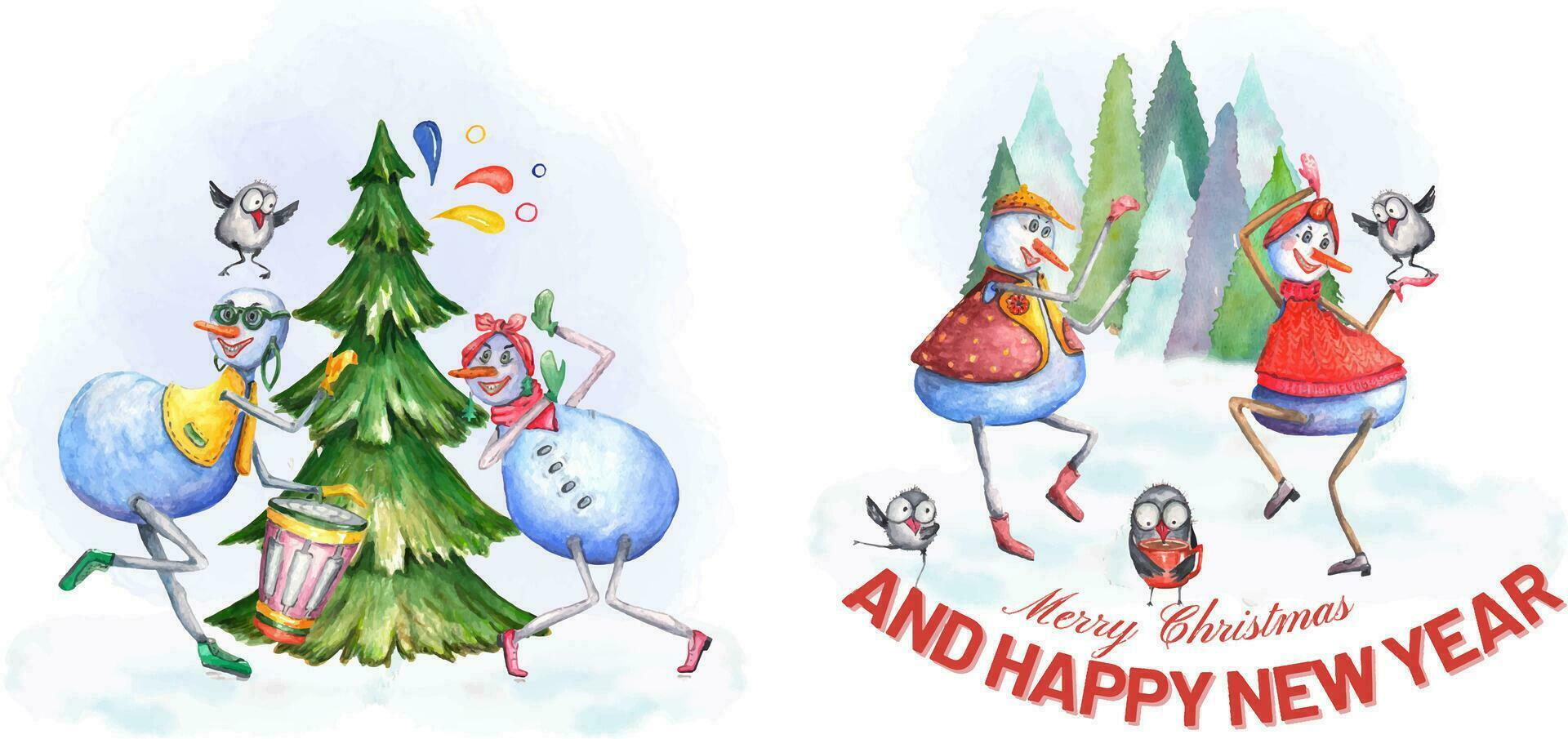 Set from New Year's illustration. Drawn with watercolors. Dancing snowmen vector