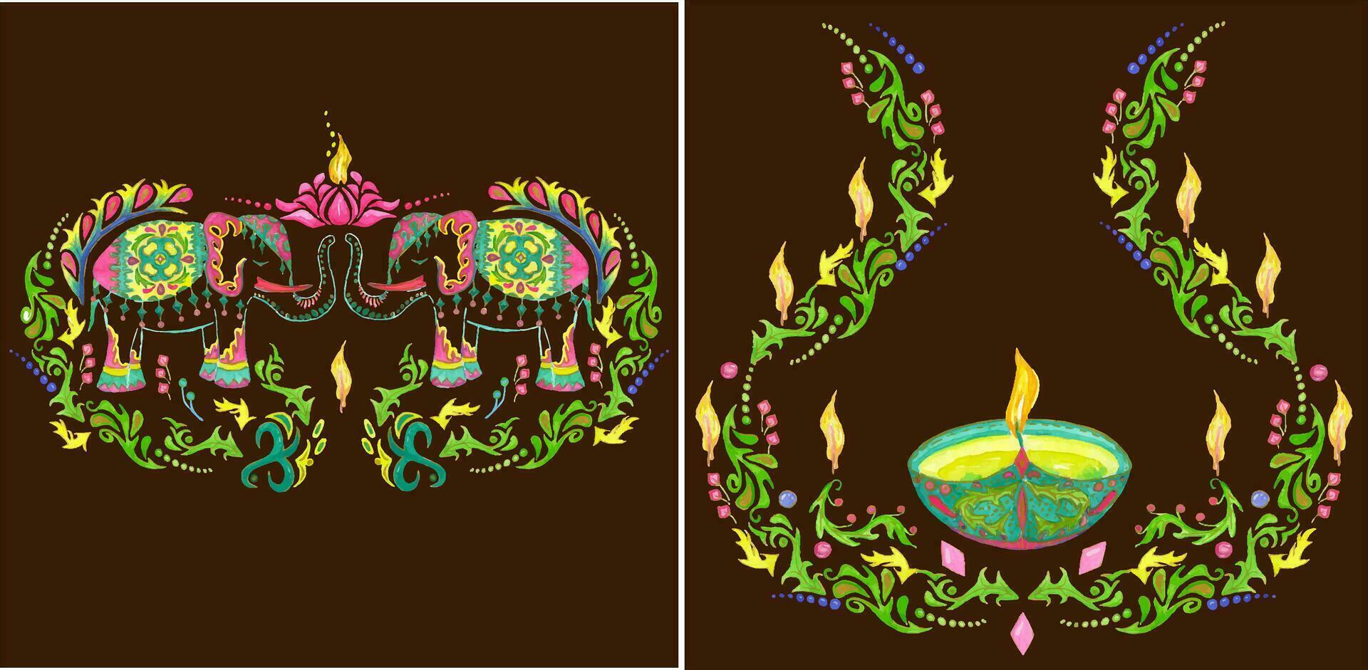 Set of 2 illustrations for Diwali. All elements are painted with watercolors vector