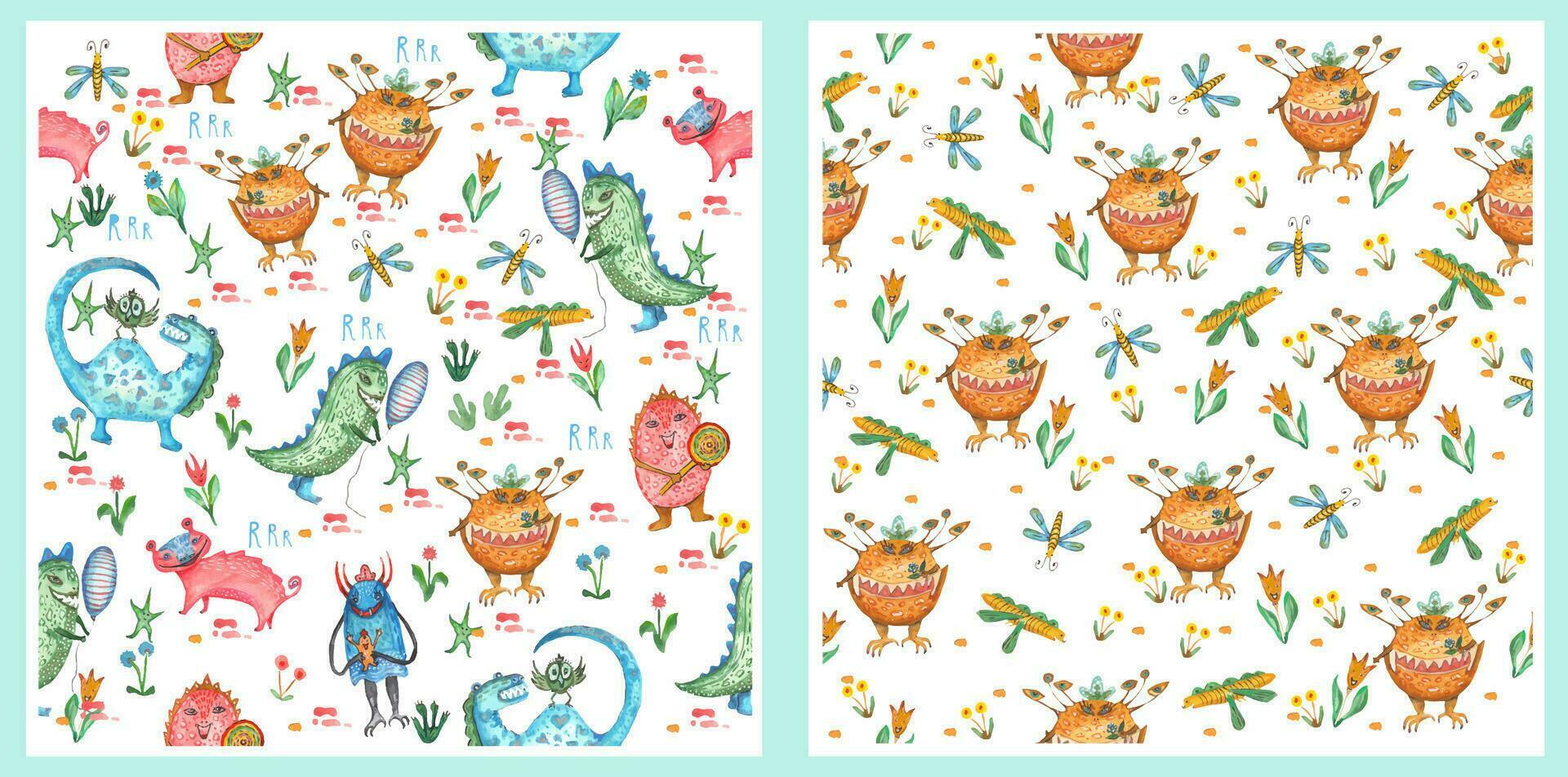 Set of seamless patterns. Baby dragon. Suitable for school, children's wallpaper and children's background. Dragon with candy, dragon with balloons and bees. vector