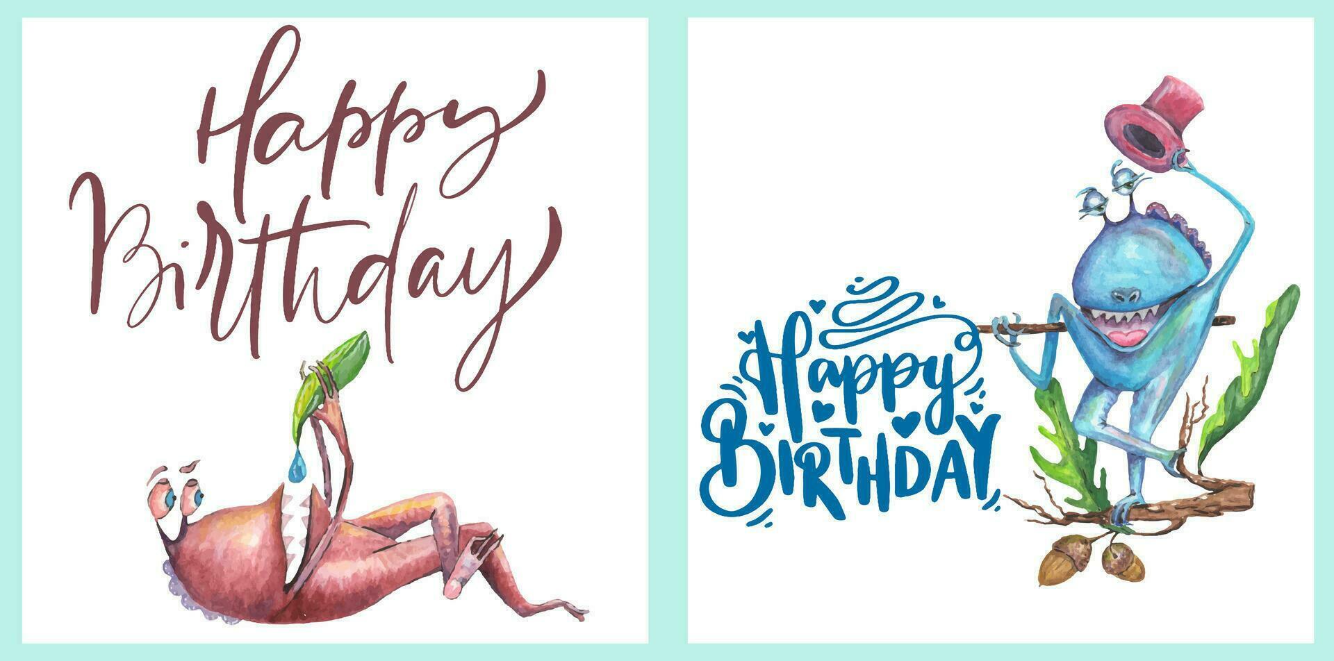 Set of greeting cards Happy Birthday. Monsters are dragons. Painted with watercolors vector