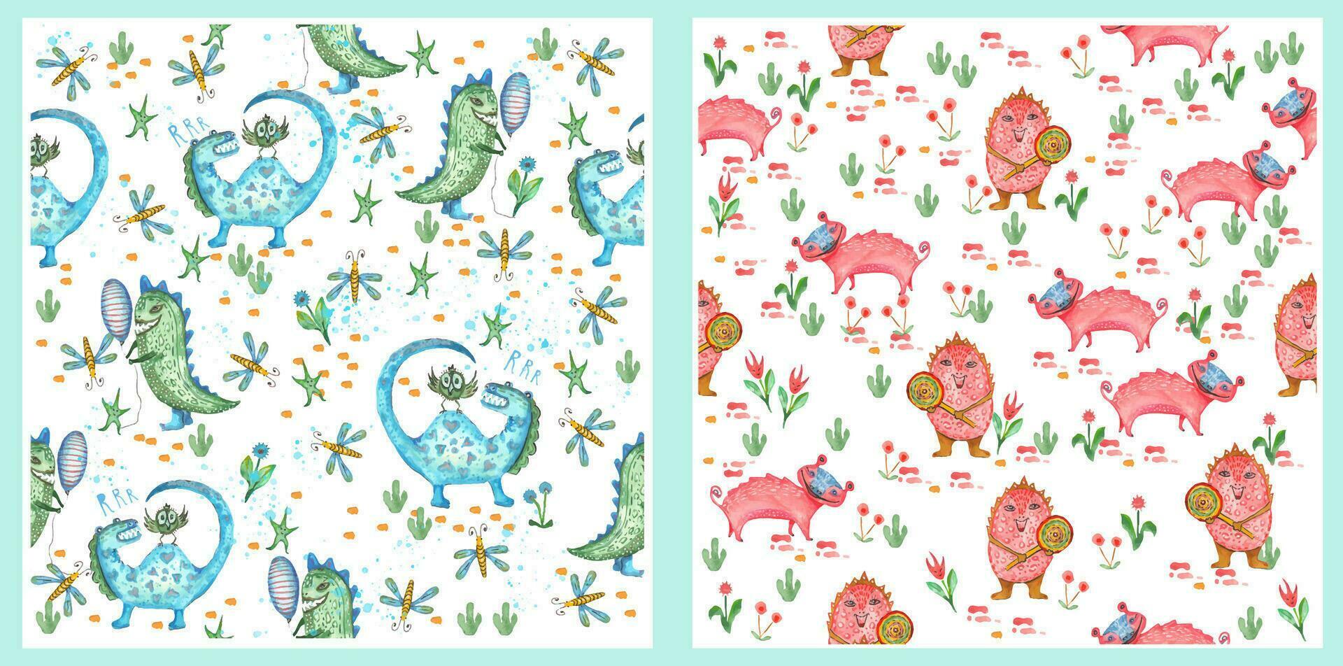 Set of seamless patterns. Baby dragon. Suitable for school, children's wallpaper and children's background. Dragon with candy, dragon with balloons and bees. vector