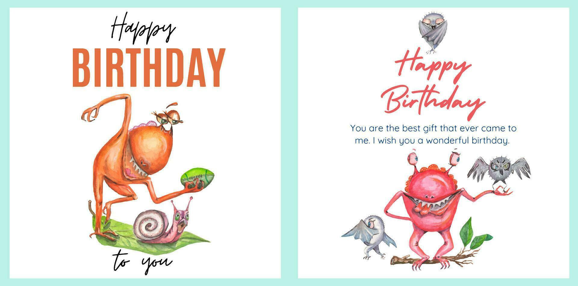 Set of greeting cards Happy Birthday. Monsters are dragons. Painted with watercolors vector