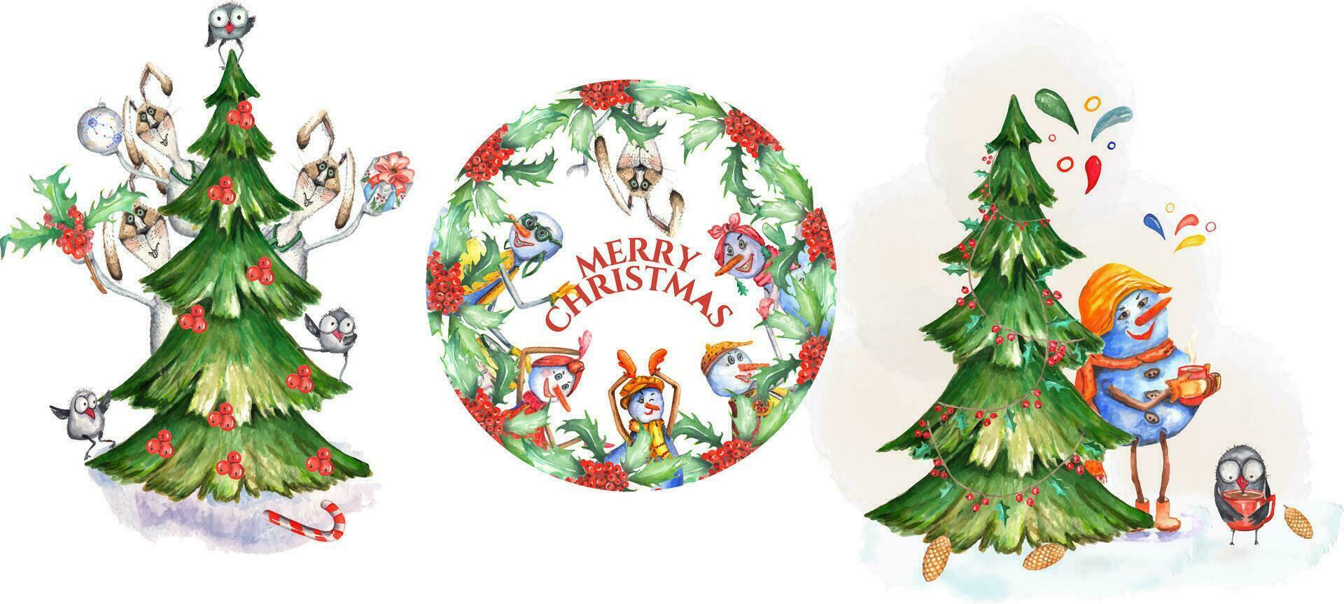 Set of cards with snowmen and bunnies around the christmas tree watercolor vector