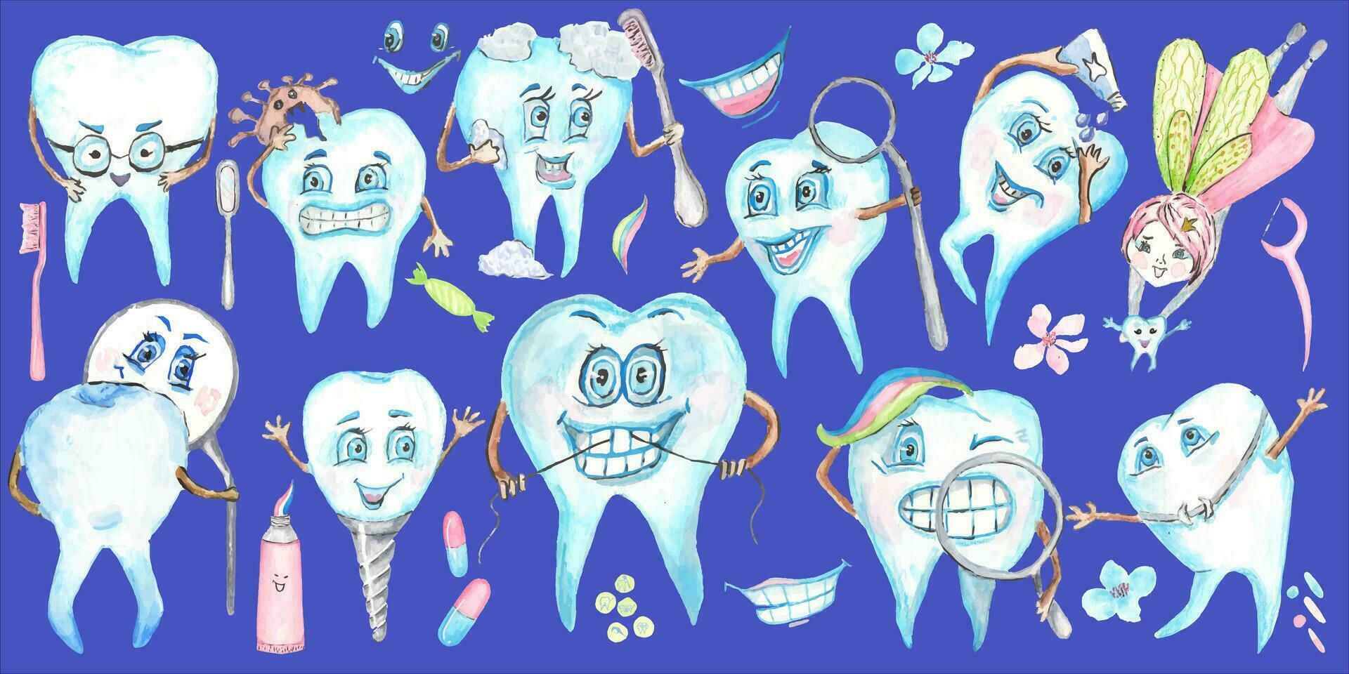 Collection of 26 funny teeth elements. The tooth fairy, teeth and dental care elements are painted with watercolors. You can make postcards, patterns, cards and add to other illustrations on your own vector