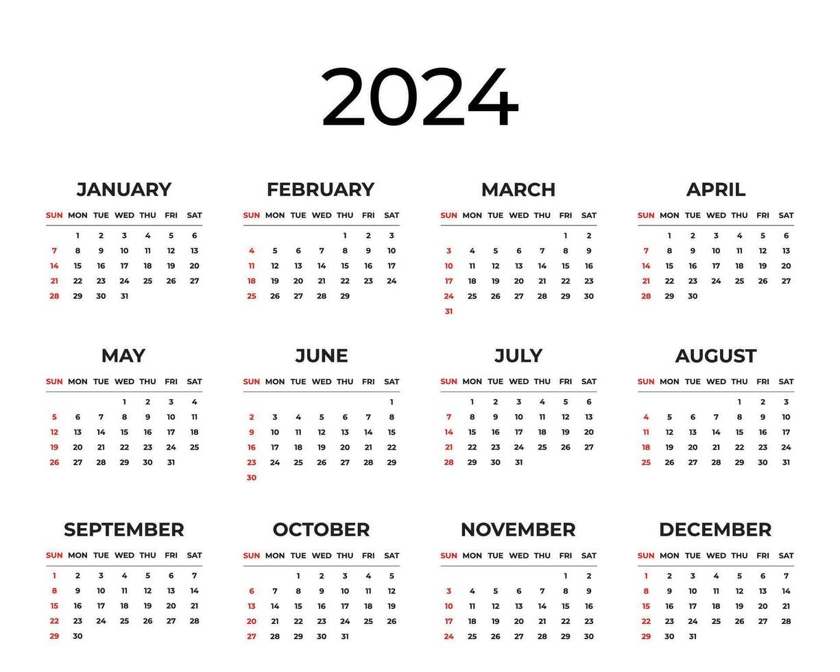 Monthly Calendar Template for 2024 on White Background vector