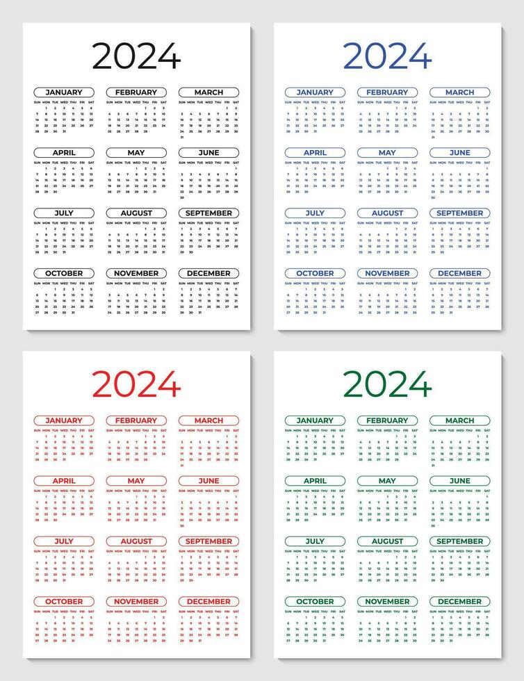 2024 Yearly Calendar Template with a Weekly Start on Sunday vector