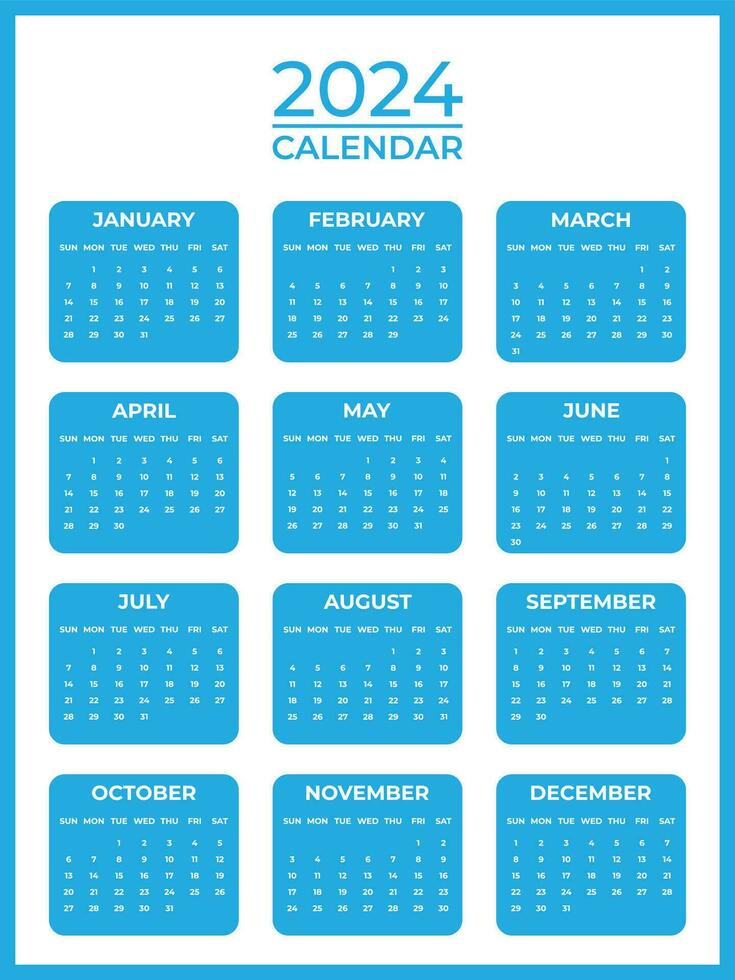 Blue 2024 Calendar with Weekly Start on Sunday vector