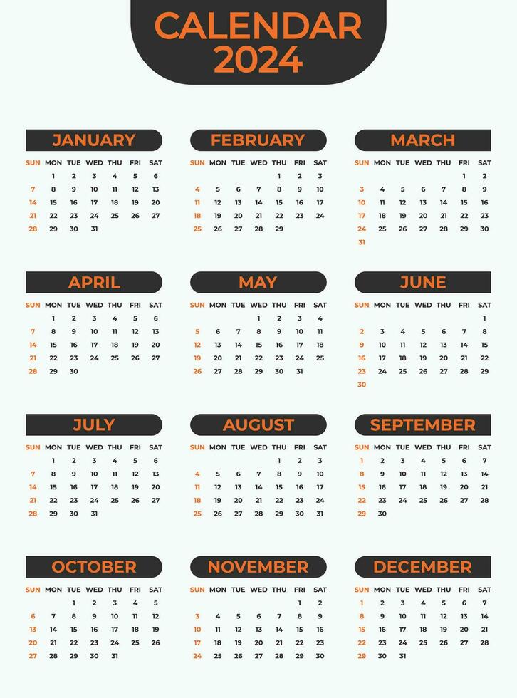 2024 Calendar Template on a White Background vector