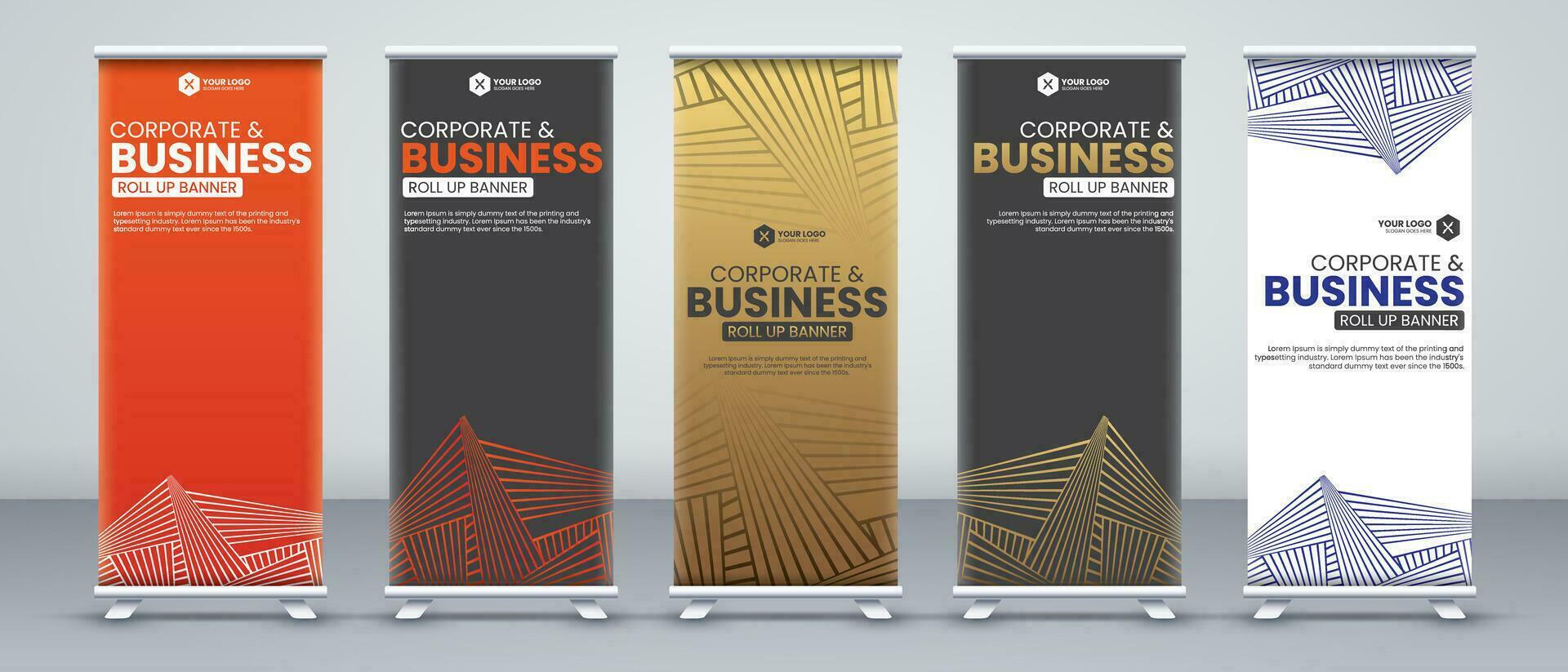 Corporate business conference roll up banner designs for x stand with luxury and eye catchy orange, black, gold and white colours with modern abstract shapes vector