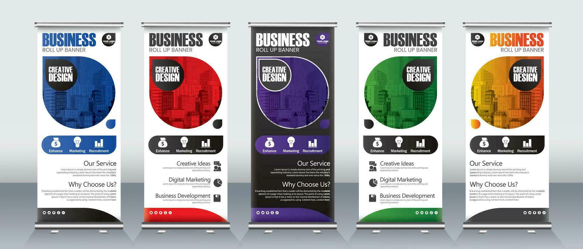 Business roll up banner design for meeting, annual events, presentations with red, blue, green, purple and orange colors with abstract modern design vector