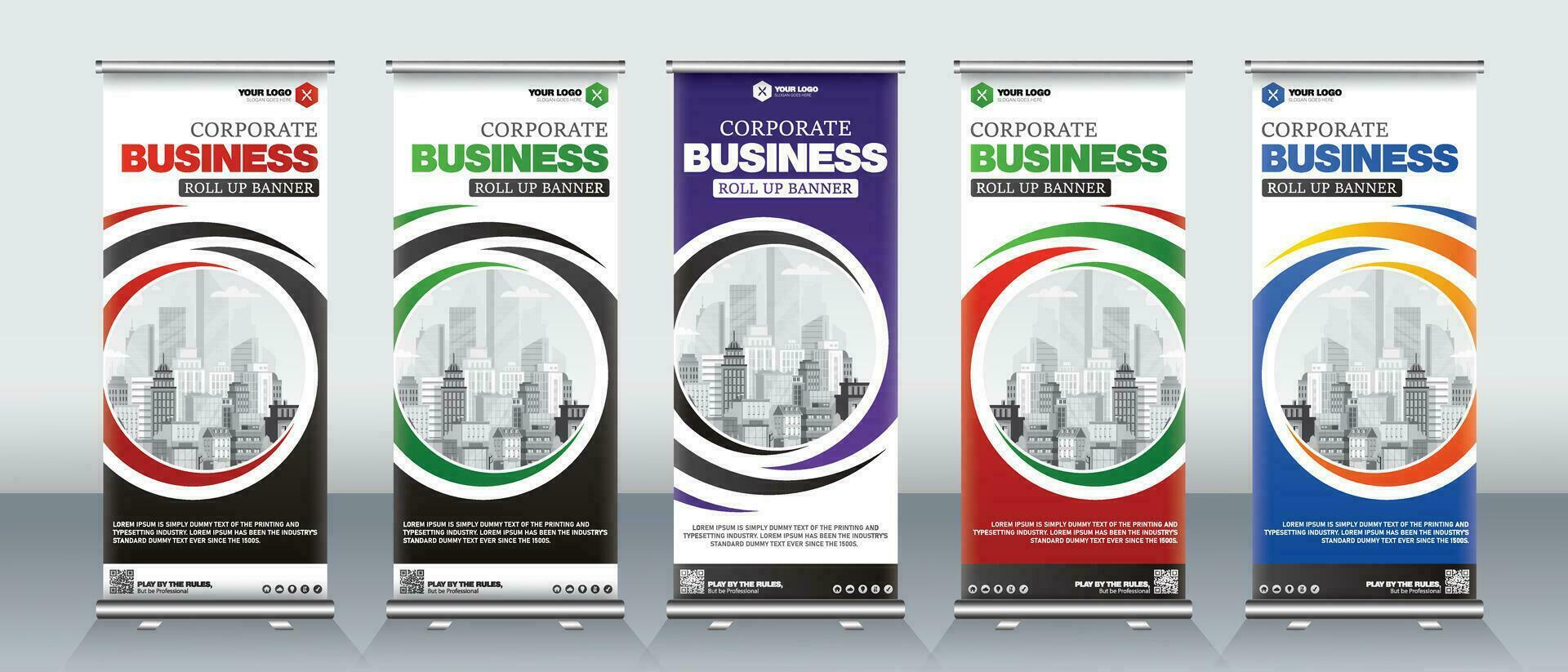 Business roll up banner design for business events, annual meetings, presentations, marketing, promotions, with red, blue, green, orange, and purple print ready colors vector