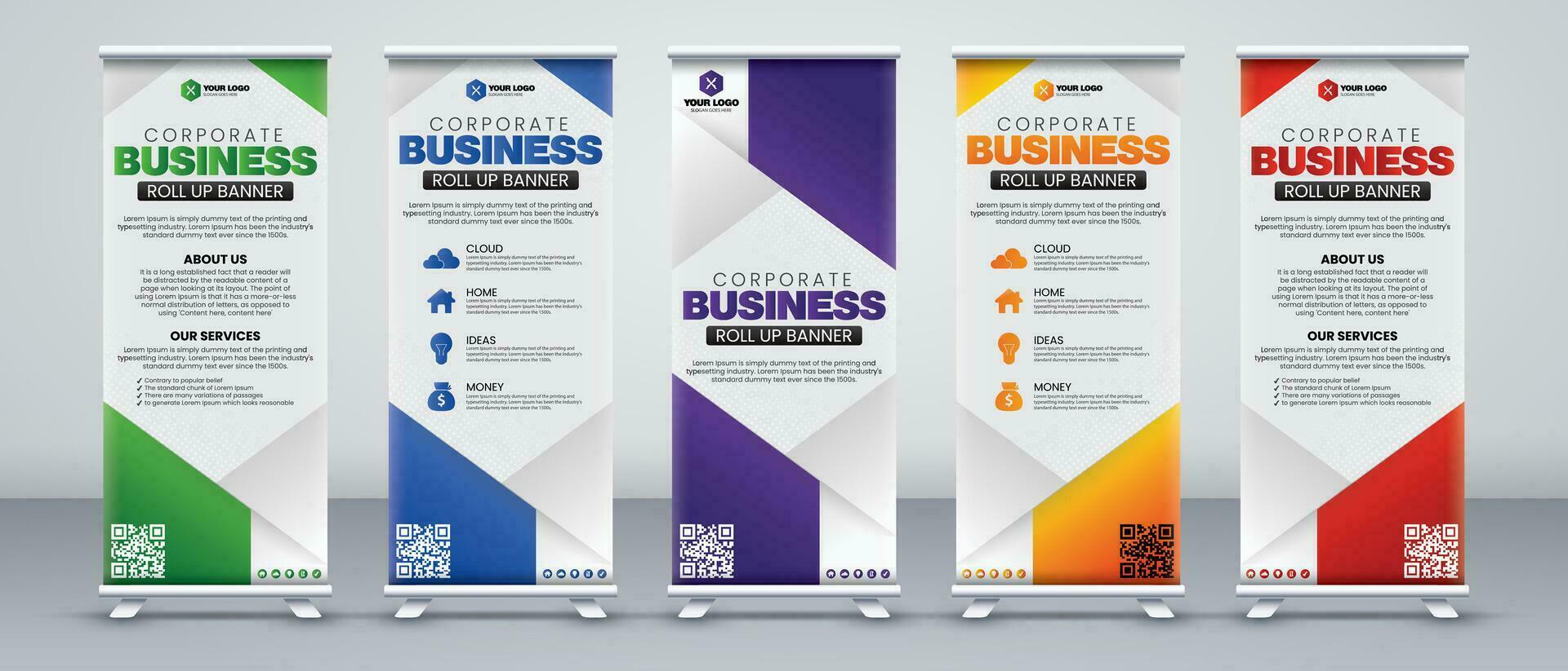 roll up banner design in green, blue, purple, orange and red colors vector