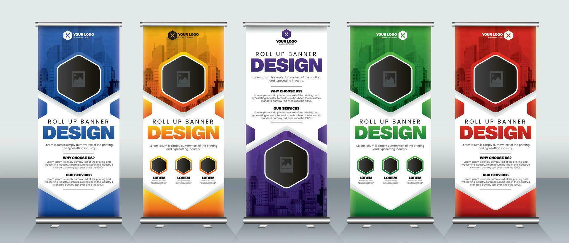 roll up banner design for business events, presentations, meeting events, billboards, x banners, x stands for red, orange, purple, green, blue colors vector