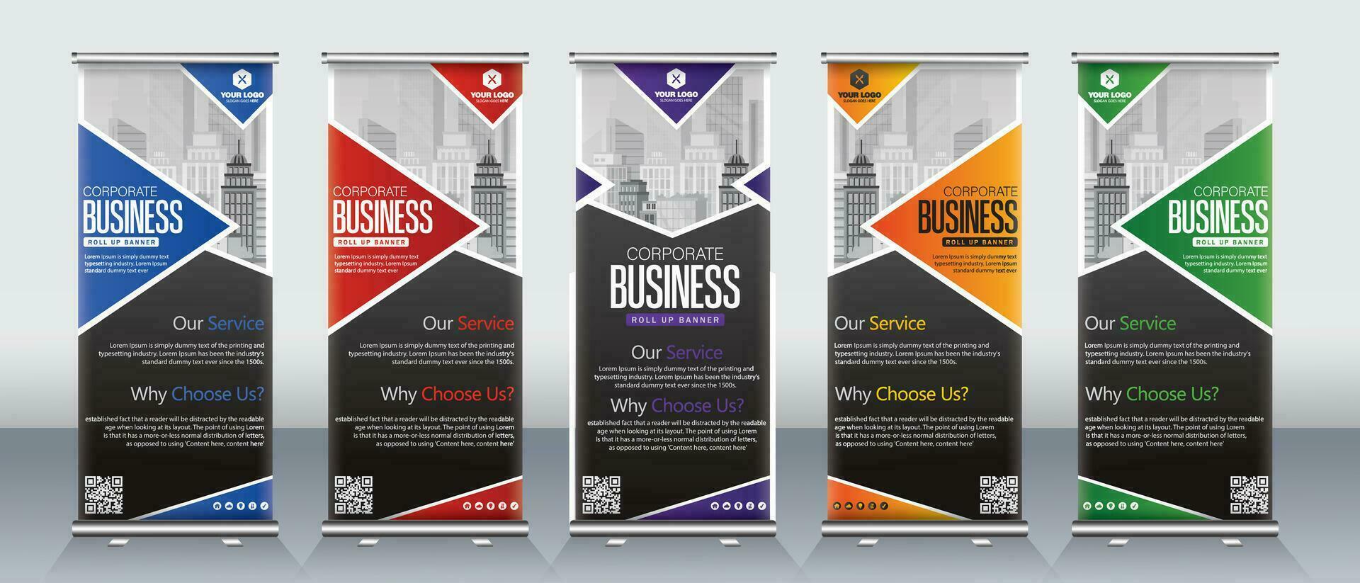 roll up banner design for minimal style for business events, presentations, promotions, marketing with red, green, blue, purple vector