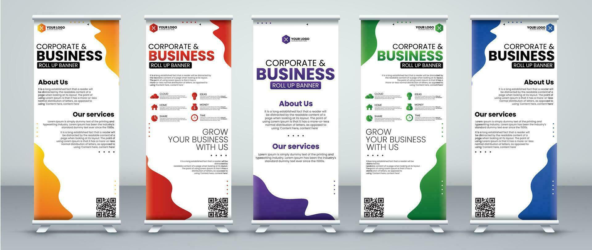 print ready roll up banner design in orange, red, purple, green and blue colors vector