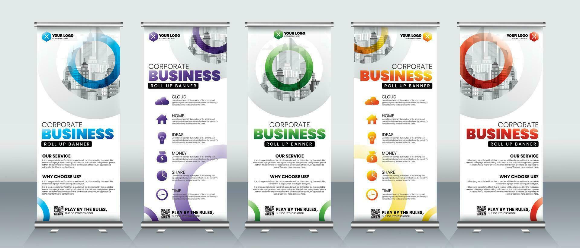 roll up banner design with blue, purple, green, orange and red colors vector