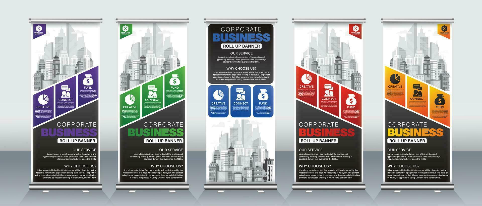 Roll up banner design for business events, meetings, presentations, print ready design for x banner x stand with red, blue, orange, green and purple vector