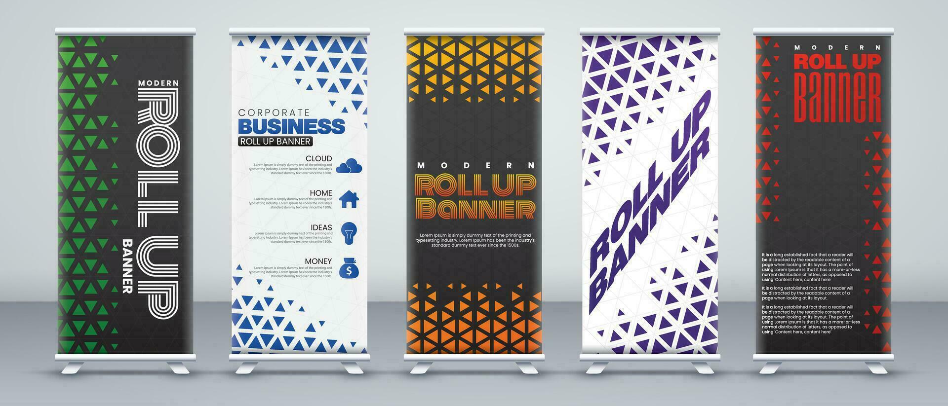 Modern luxury roll up banner design for business events, meetings, presentations, marketing events in green, blue, orange, purple, red and black colors with print ready for x banner x stands vector