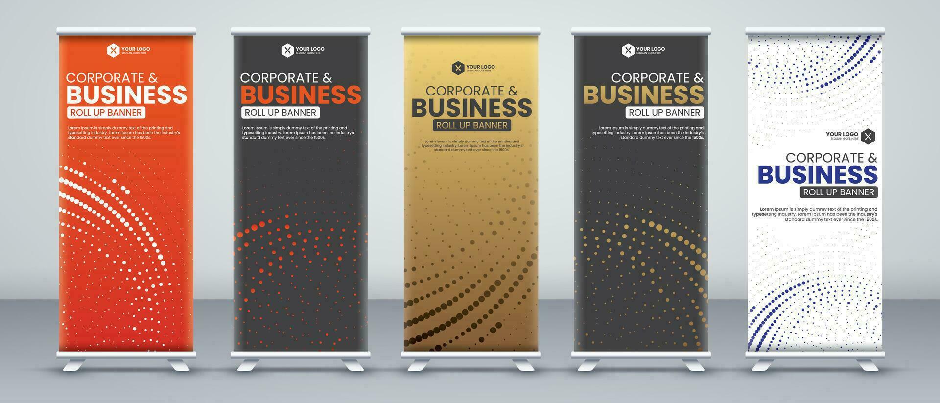 Corporate business conference roll up banner designs for x stand with luxury and eye catchy orange, black, gold and white colours with modern abstract shapes vector