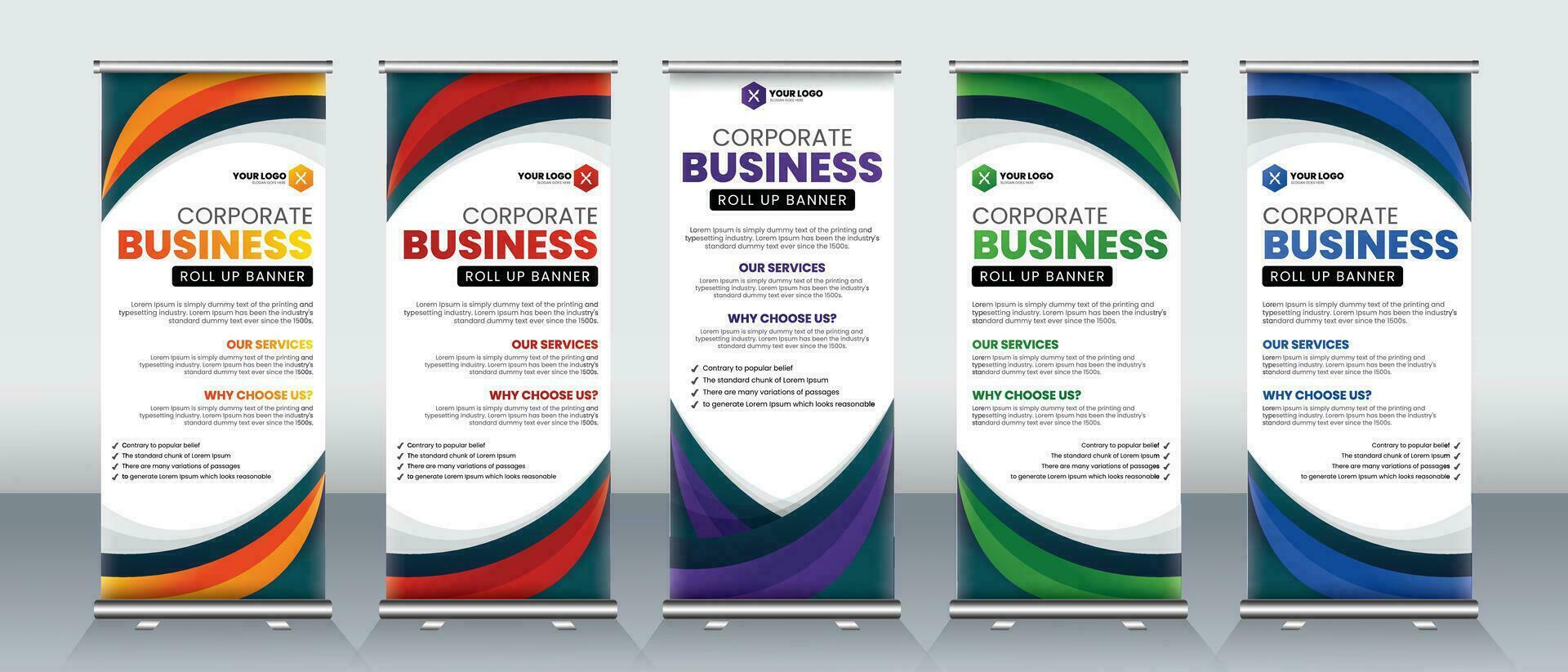 Modern roll up banner design for business events, x banners, billboards, marketing events, posters, presentations with red, blue, orange, green and purple print ready colors vector