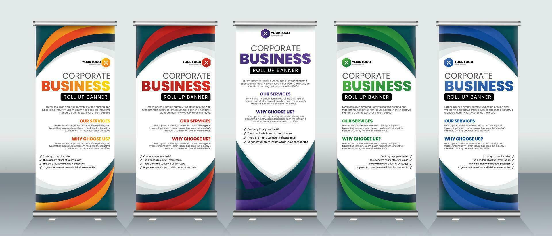 Modern roll up banner design for business events, x banners, billboards, marketing events, posters, presentations with red, blue, orange, green and purple print ready colors vector