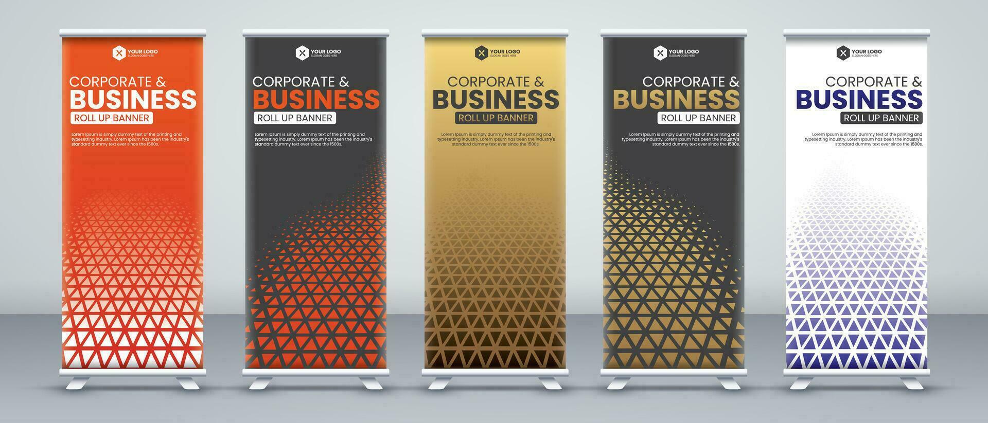 Corporate business conference roll up banner designs for x stand with luxury and eye catchy orange, black, gold and white colors vector