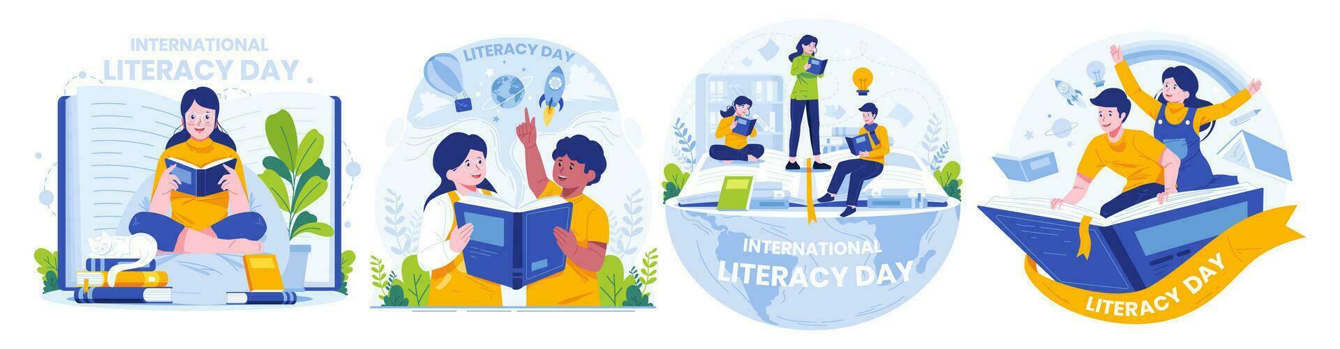 Illustration Set of International Literacy Day. People are Reading Books to Celebrate Literacy Day On the 8th of September vector