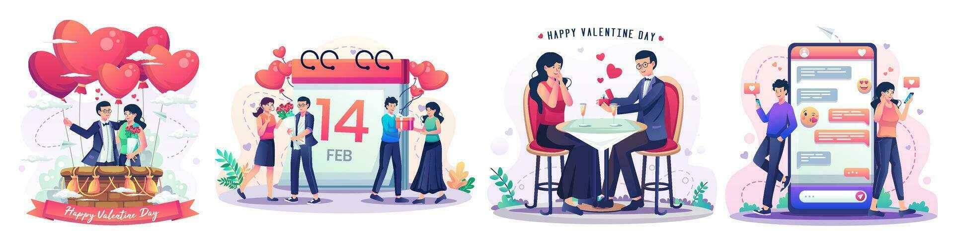 Set of Valentine's Day concept with a romantic couple enjoying valentine's day. a man giving a ring as a proposal at dinner. Online dating and virtual relationships. Flat style vector illustration