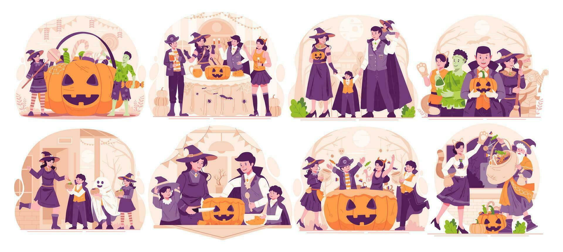 Mega Illustration Set of Halloween. Happy People Dressing Up in Various Halloween Costumes Celebrating Halloween. Halloween Party and Trick or Treat Concept vector