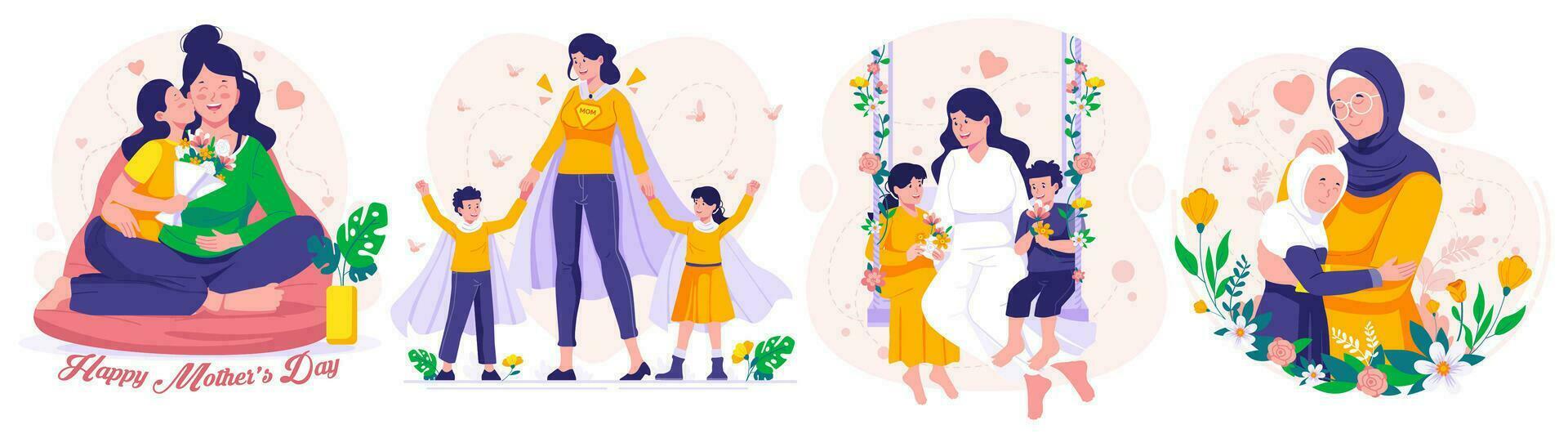 ilustración conjunto de de la madre día. madre, hija, y hijo. madre participación bebé en brazos. madre abrazando su hija. vector ilustración