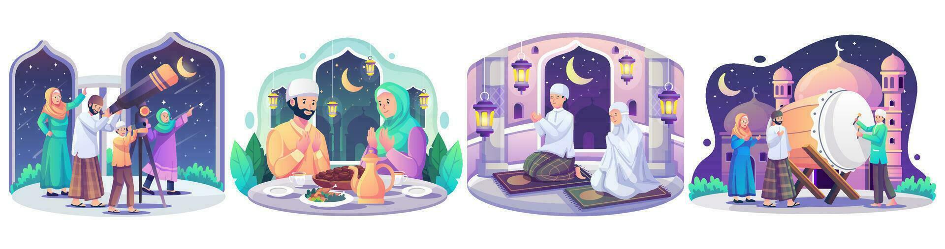 conjunto de ilustraciones conceptuales de ramadán. los musulmanes felices celebran el mes sagrado del ramadán, la fiesta iftar, la lectura del corán, el taraweeh, el saludo de eid mubarak. ilustración vectorial vector