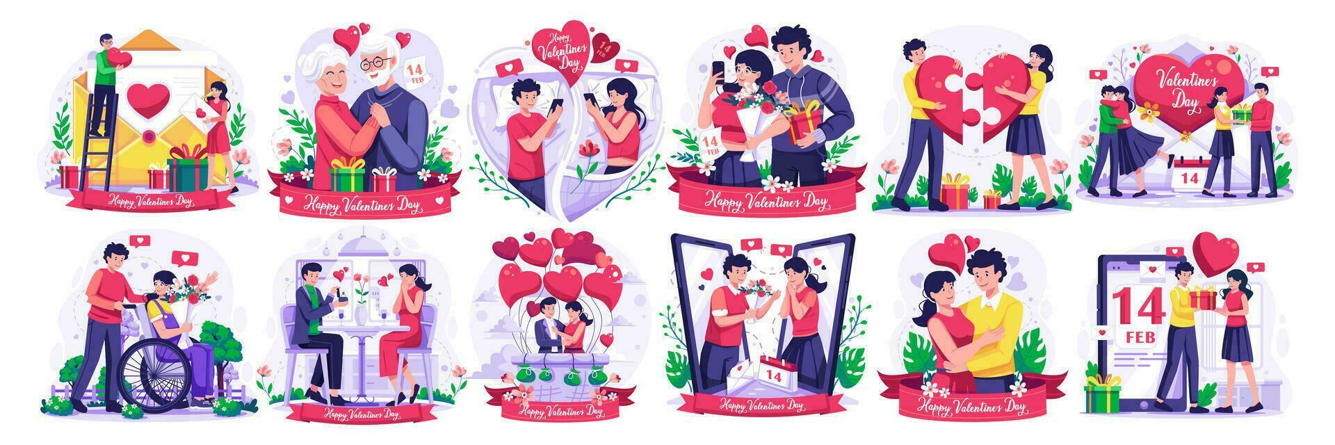 Valentine's Day Illustration Set with a romantic couple celebrating valentine's day. Online dating and virtual relationships. Vector Illustration in Flat Style