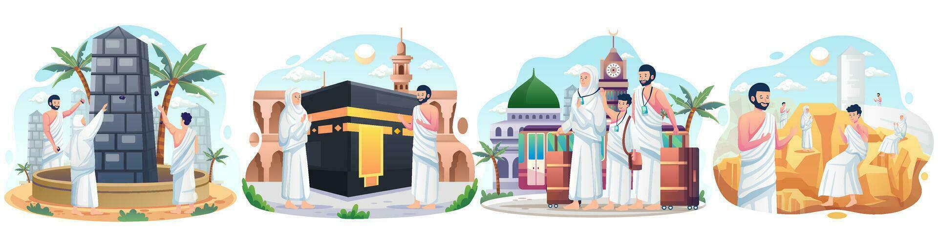 Set of Muslim couple is doing Islamic hajj pilgrimage. Flat style vector illustration