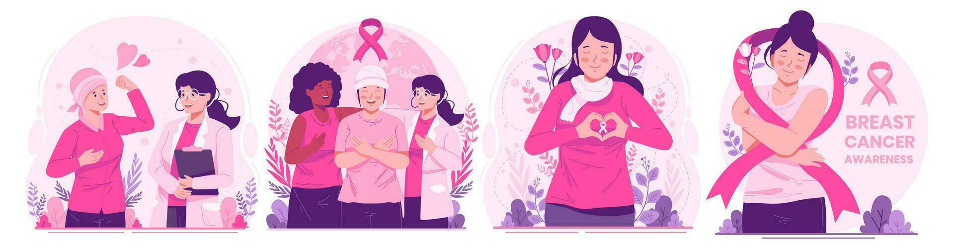 Illustration Set of Breast Cancer Awareness Month. Women With Ribbons Pink As a Concern and Support for Women With Breast Cancer vector